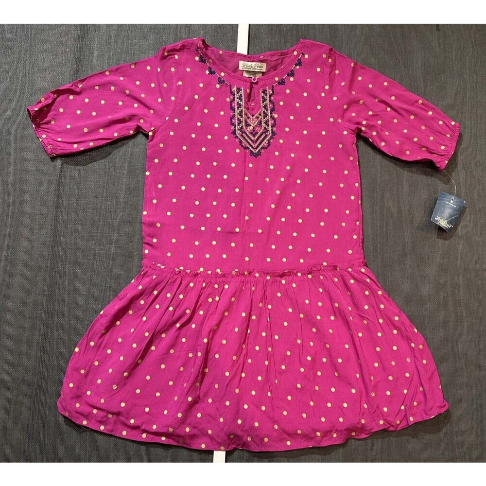 Little Girls Lucky Brand LARGE fuchsia Polka Dot 3/4 Sleeve Dress NWOT